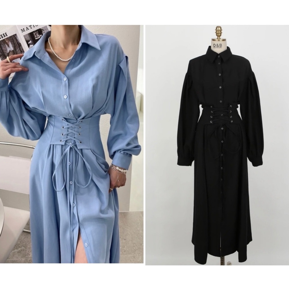 NWOT Korean Brand Black Corset Lace Up Long Belted Button Down Dress